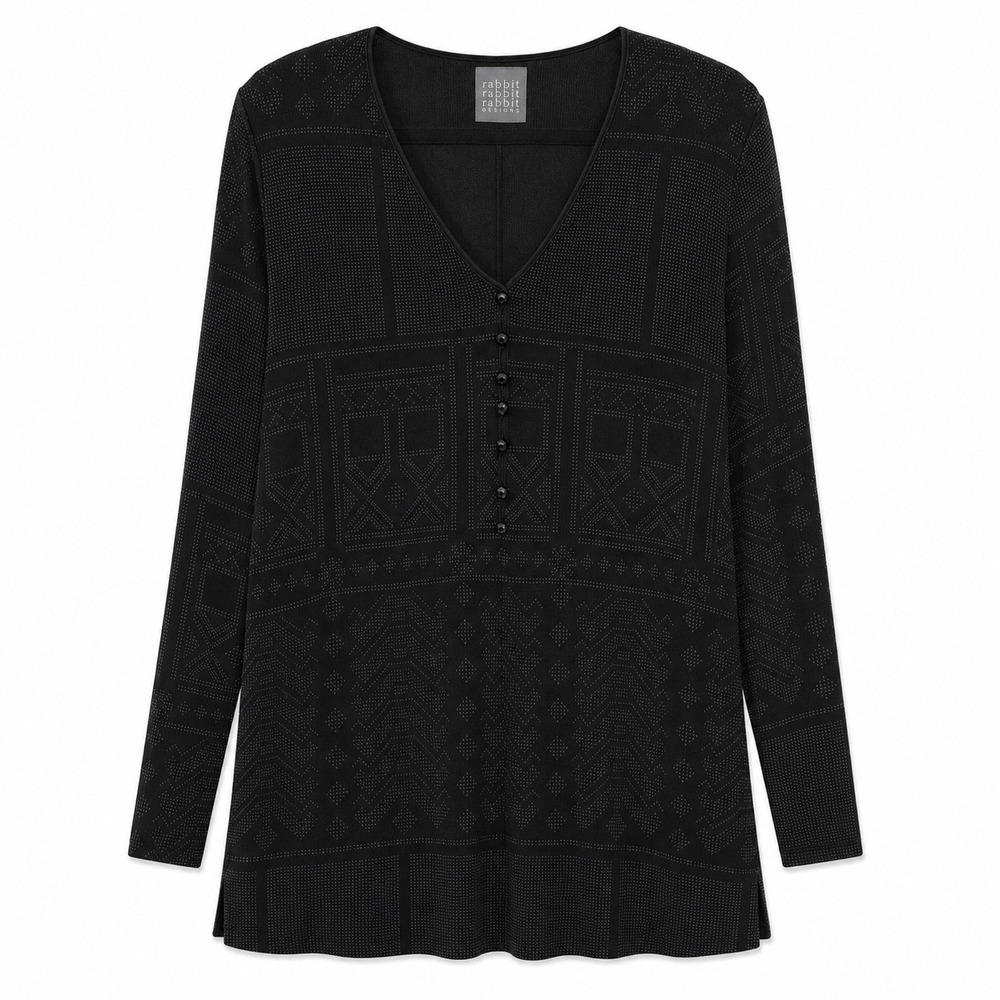 Vintage Rabbit Designs Embellished Geometric‎ Tunic Top Black 18W USA